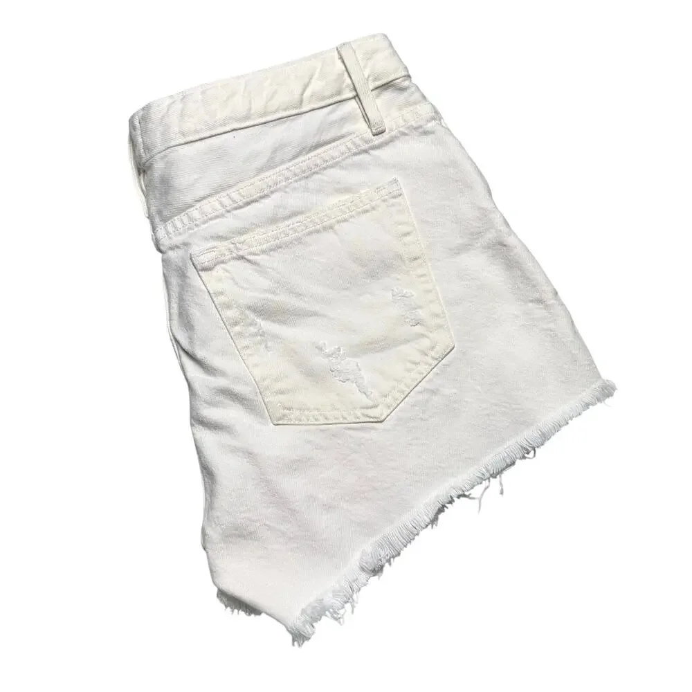 FRAME | Women | Le Grand Garcon Off White Distressed Denim Cut Off Shorts | 26 - Picture 11 of 13